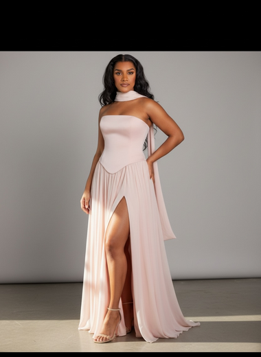 Baby Pink Peplum Drop Waist Chiffon Gown