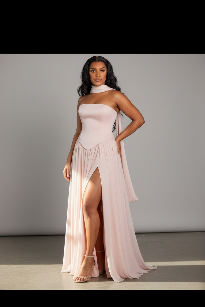 Baby Pink Peplum Drop Waist Chiffon Gown