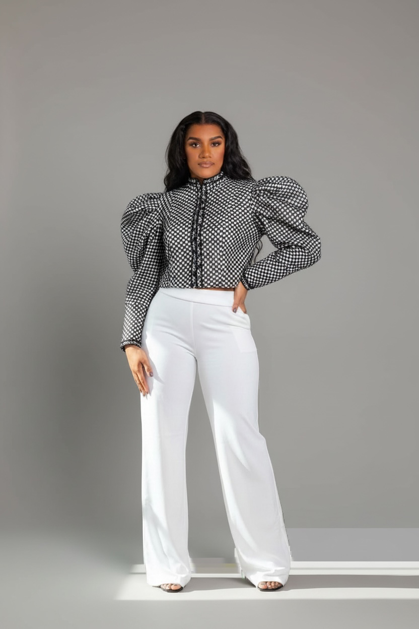 Ruched Plaid O Neck Puff Sleeve Top