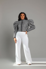 Ruched Plaid O Neck Puff Sleeve Top