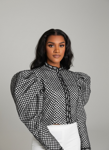 Ruched Plaid O Neck Puff Sleeve Top