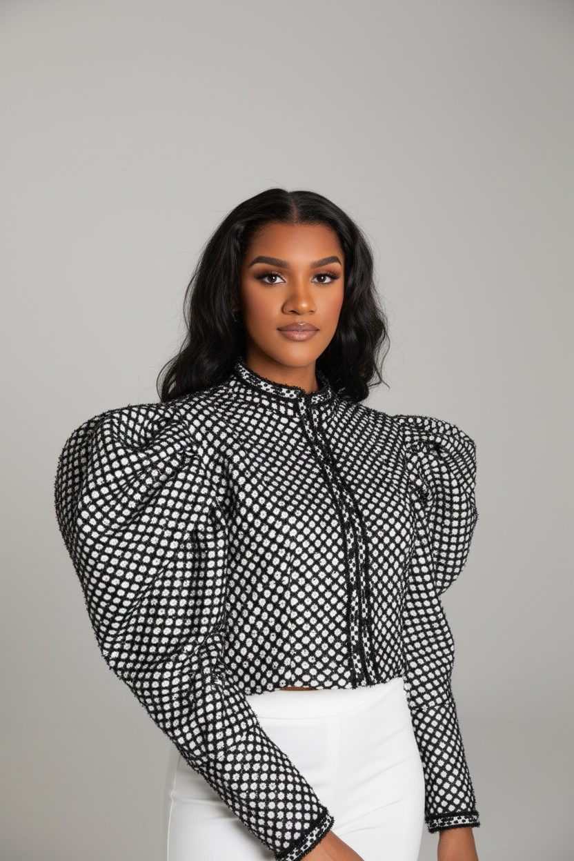 Ruched Plaid O Neck Puff Sleeve Top