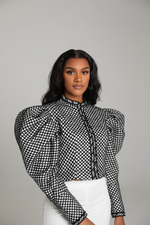 Ruched Plaid O Neck Puff Sleeve Top