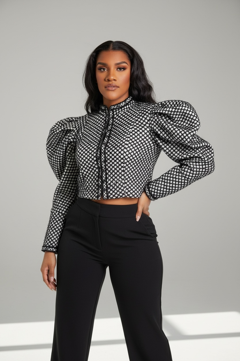 Ruched Plaid O Neck Puff Sleeve Top