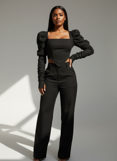 Black Puffy Sleeve Crop Top