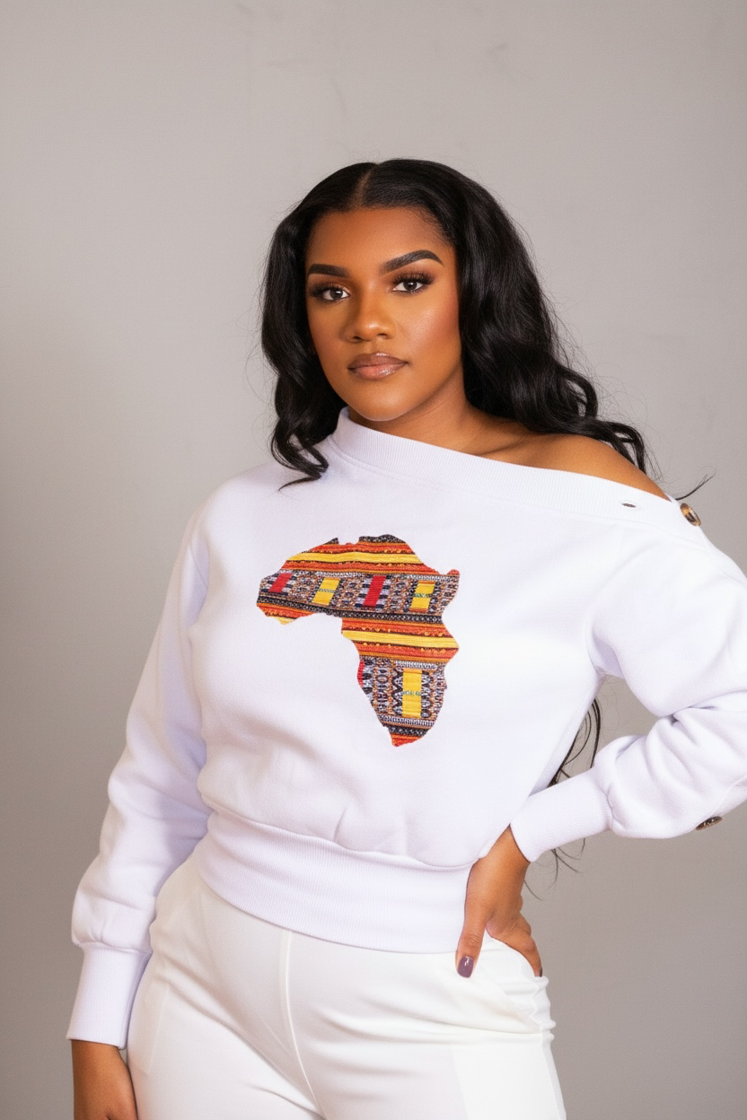 Long Sleeves White Africa Map Patch Sweatshirt