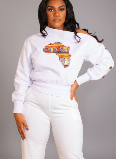 Long Sleeves White Africa Map Patch Sweatshirt