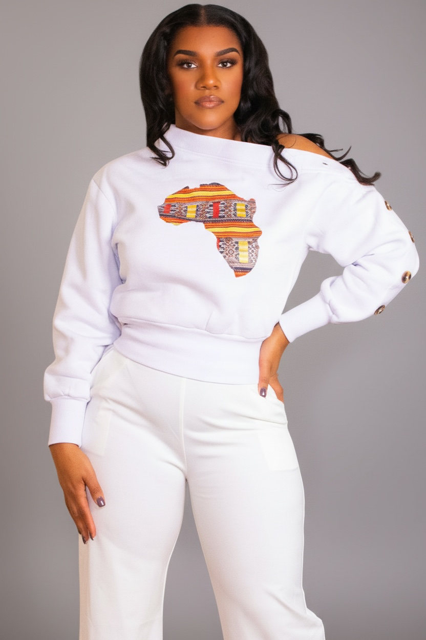 Long Sleeves White Africa Map Patch Sweatshirt