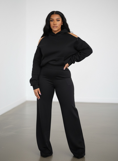 Black Casual Off Shoulder Hooded Sweater With Zipper Marcy Boutique Urban Outfitters Black and White Puff Sleeve Dress - Carousel