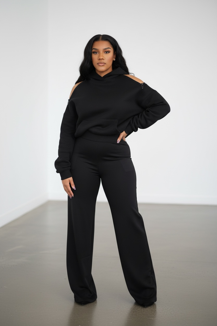 Black Casual Off Shoulder Hooded Sweater With Zipper Marcy Boutique Urban Outfitters Black and White Puff Sleeve Dress - Carousel
