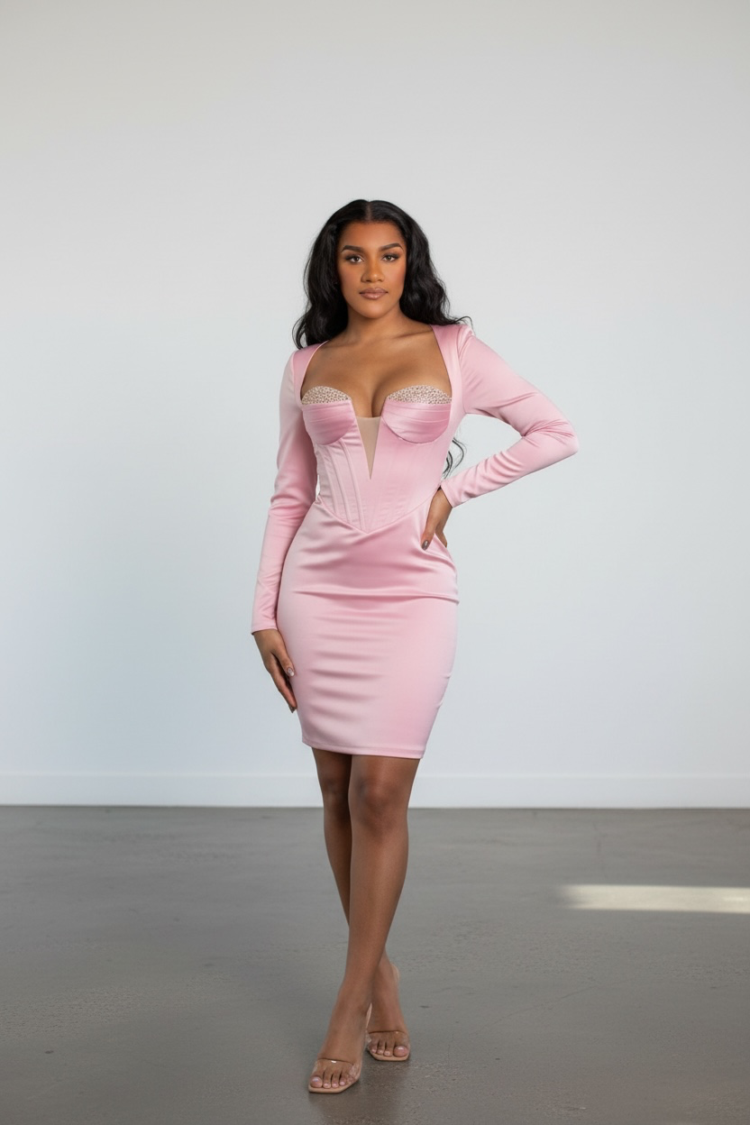 Lola Pink Satin Corset Dress With Crystal