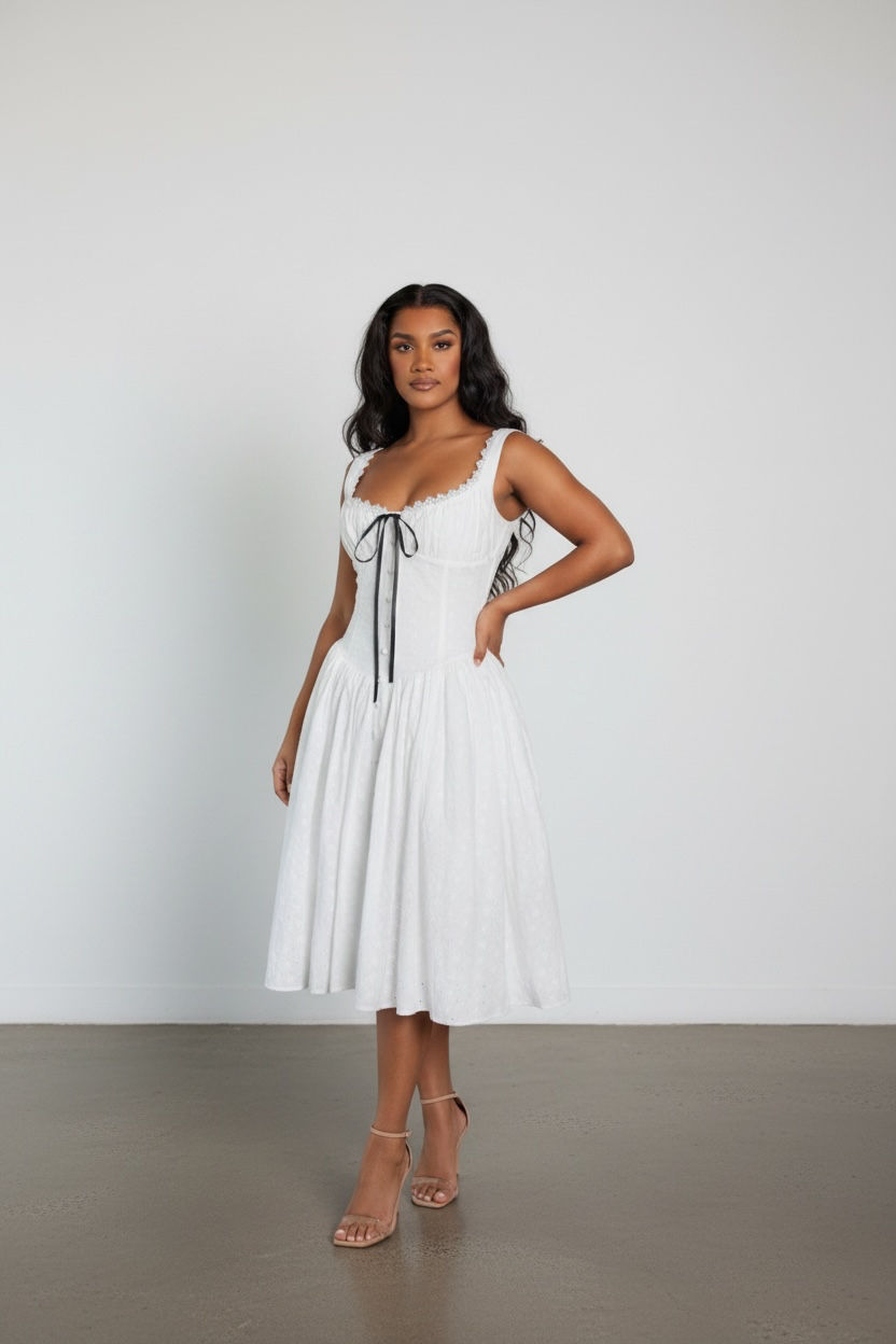 Desire White Square Neck Midi Dress