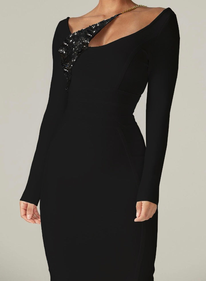 Black Long Sleeve Sequin Detail Dress