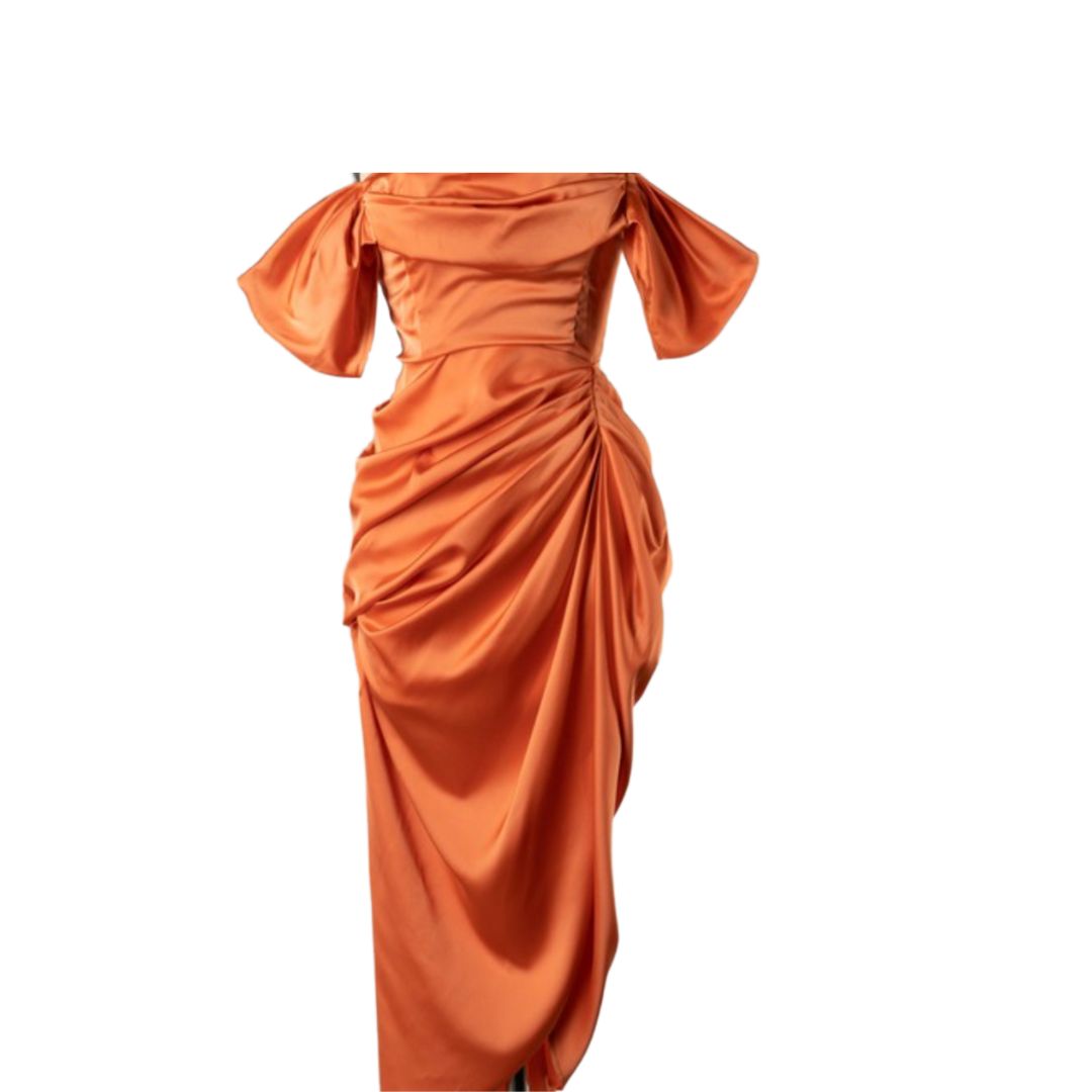 Rust Satin Draped Midi Dress L Rust Satin Draped Midi Dress L