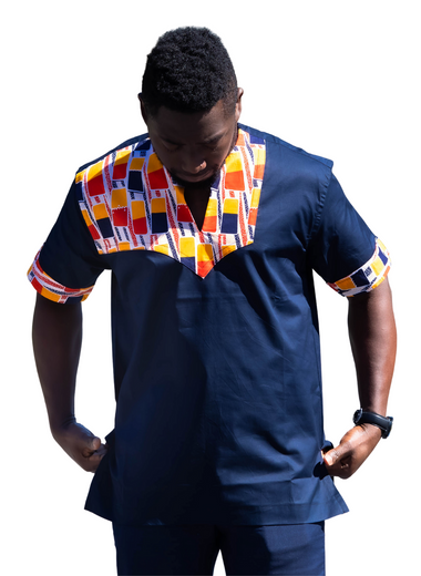 Blue black with orange and red embroidered ankara shirt - Marcy Boutique