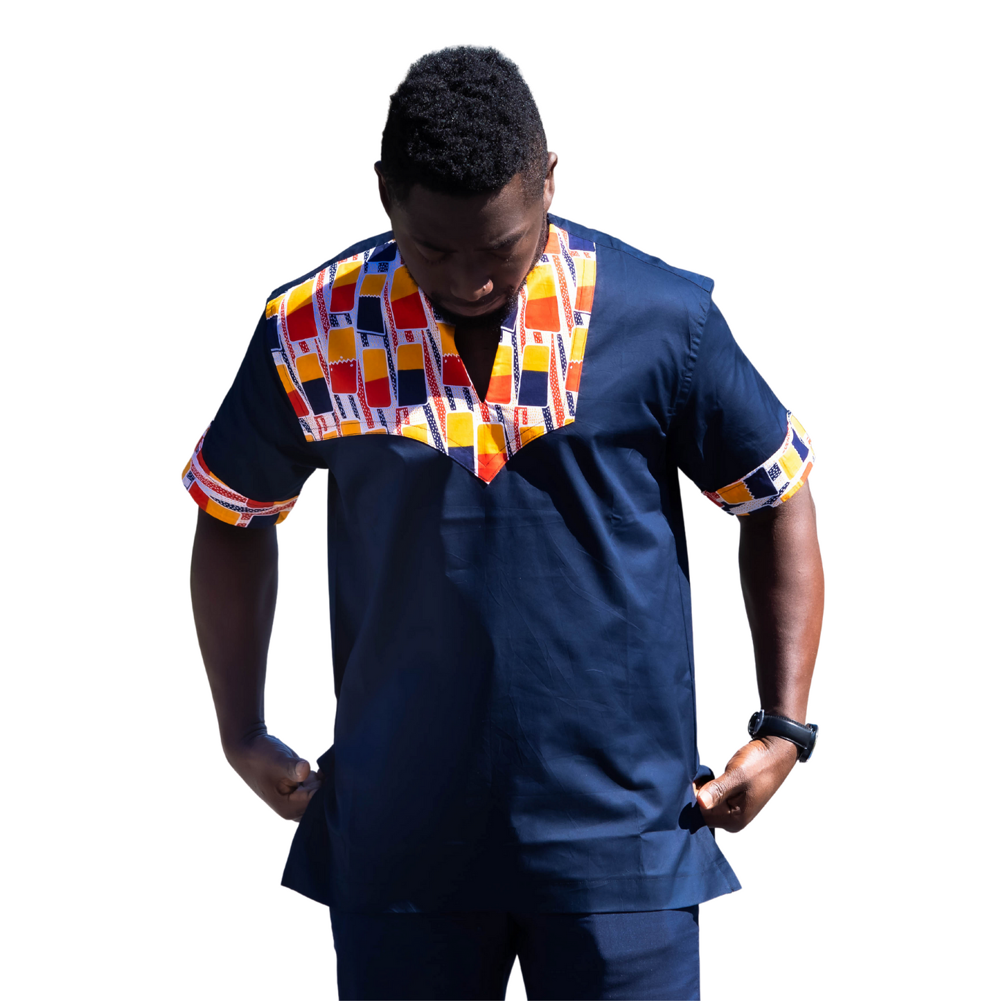 Blue black with orange and red embroidered ankara shirt - Marcy Boutique