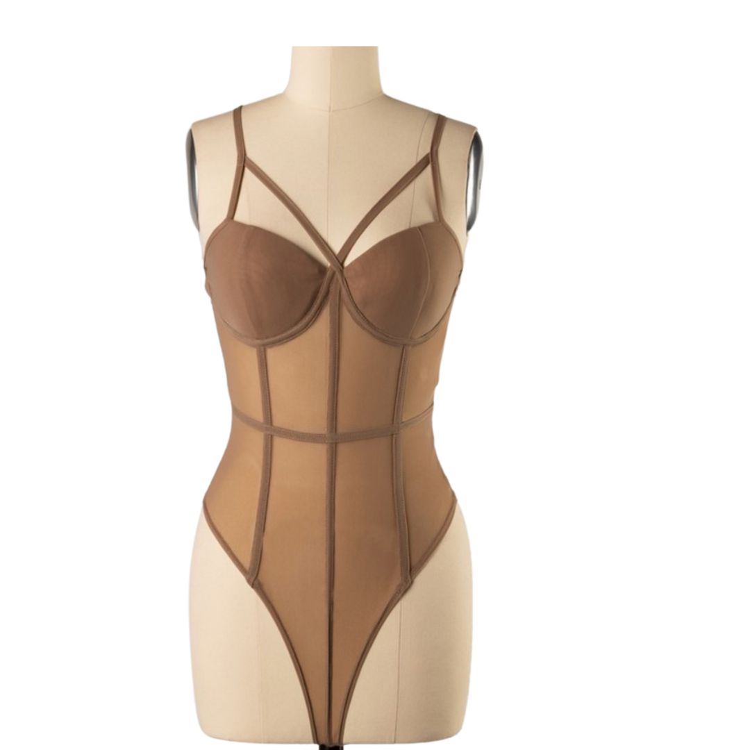 Taupe Mesh Cross Back Bodysuit