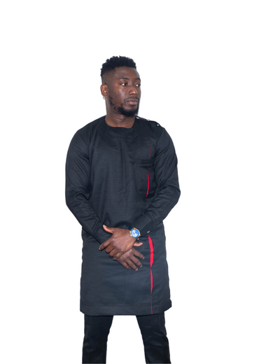 Black Long Sleeve  Africa Traditional Men set with Red accent - Marcy Boutique
