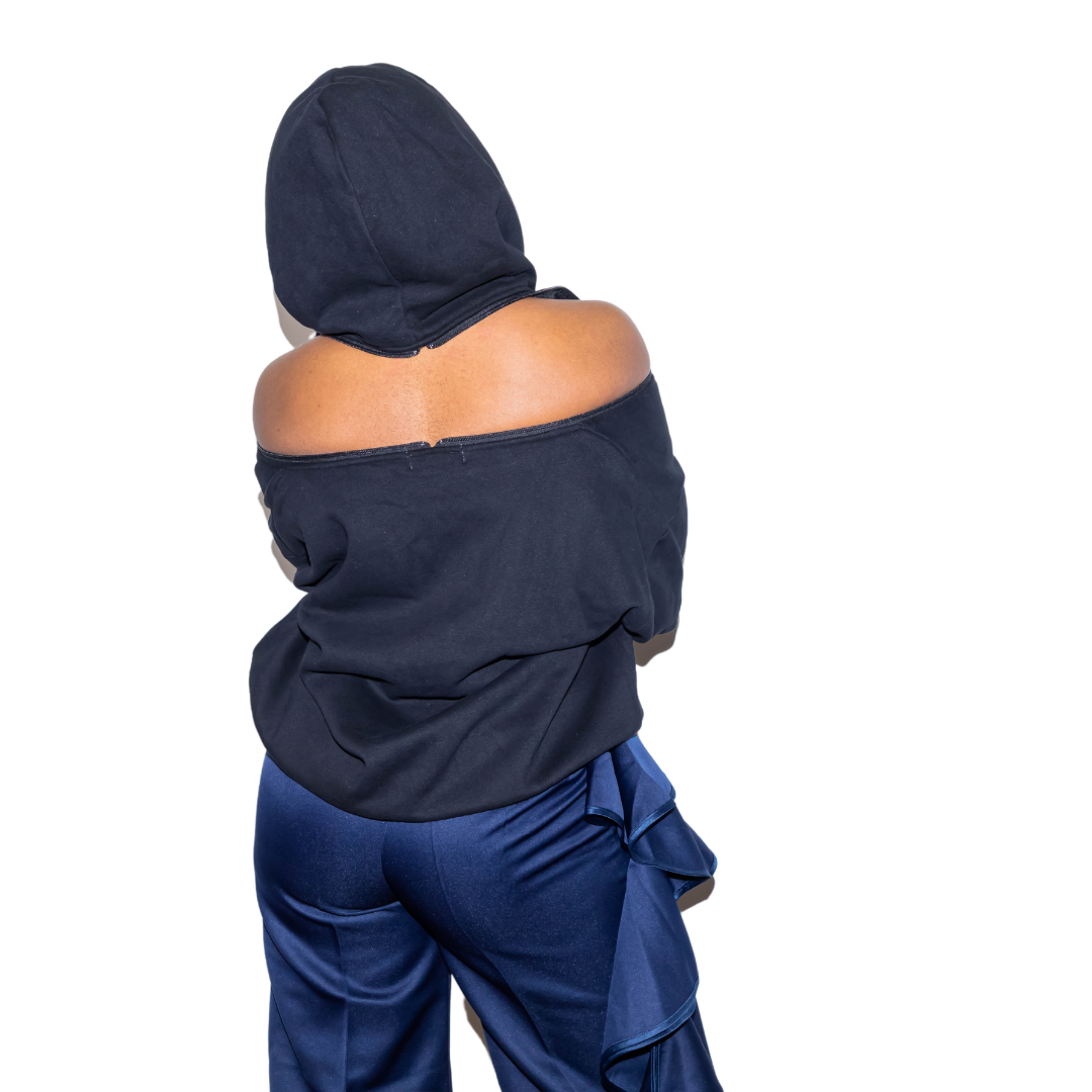 Black Casual Off Shoulder Hooded Sweater With Zipper - Marcy Boutique