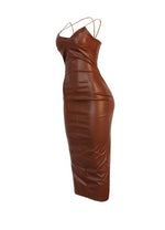 Chocolate Strap Detail Midi Leather Dress