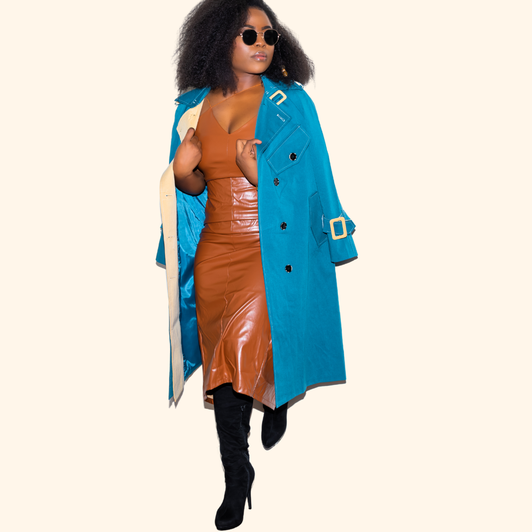 Teal Contrast Lapel Button Trench Coat