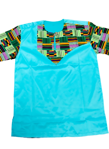 Turquoise with a kente  embroidery shirt - Marcy Boutique