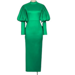 Green Round Neck Puff Sleeve High Waisted Midi Dress