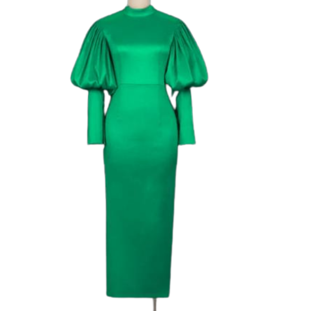 Green Round Neck Puff Sleeve High Waisted Midi Dress S / Green Green Round Neck Puff Sleeve High Waisted Midi Dress S / Green