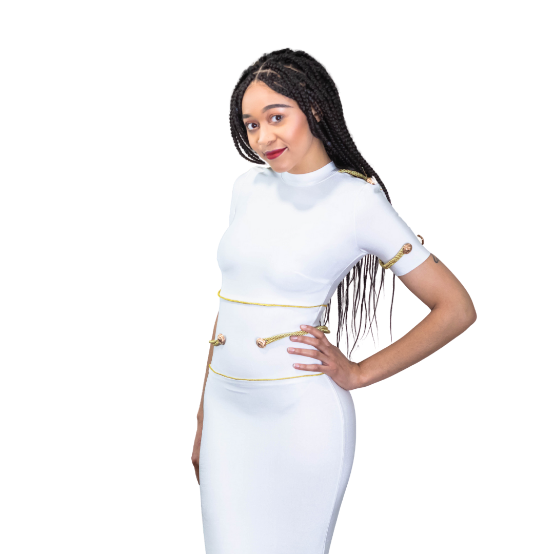 White round neck with gold embedded bandage dress L White round neck with gold embedded bandage dress L