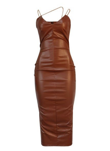 Chocolate Strap Detail Midi Leather Dress