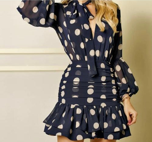 Blue Polka Dot Ruched Frill Dress