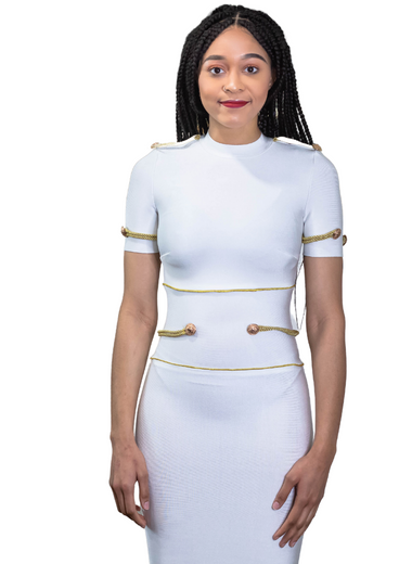 White round neck with gold embedded bandage dress - Marcy Boutique