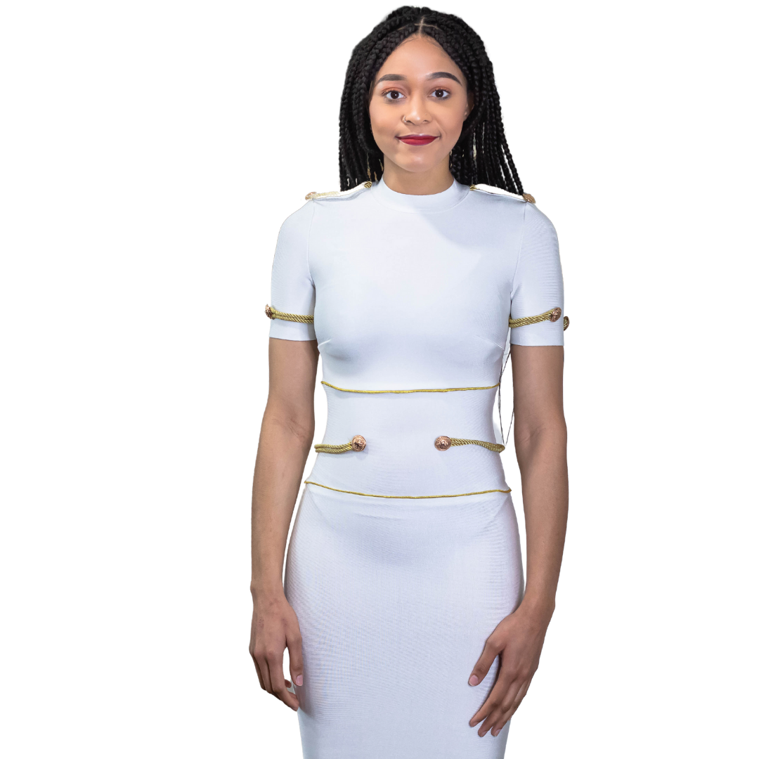 White round neck with gold embedded bandage dress - Marcy Boutique