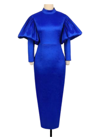 Blue Round Neck High Waist Midi Dress