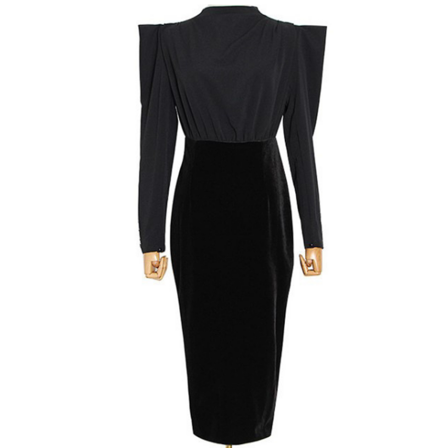 Black Velvet Gathered Shoulder Pad Midi  Dress - Marcy Boutique