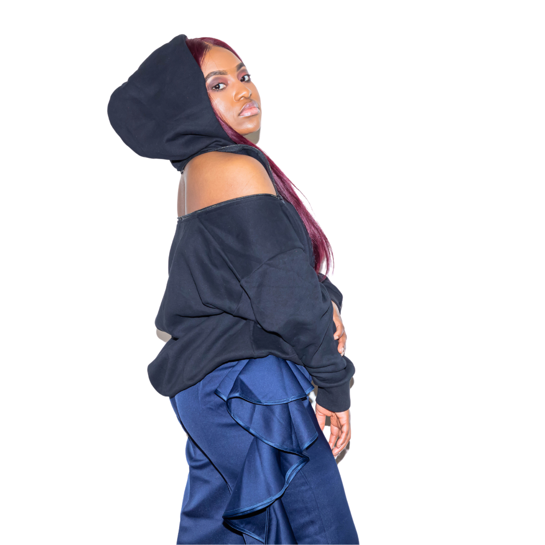 Black Casual Off Shoulder Hooded Sweater With Zipper - Marcy Boutique