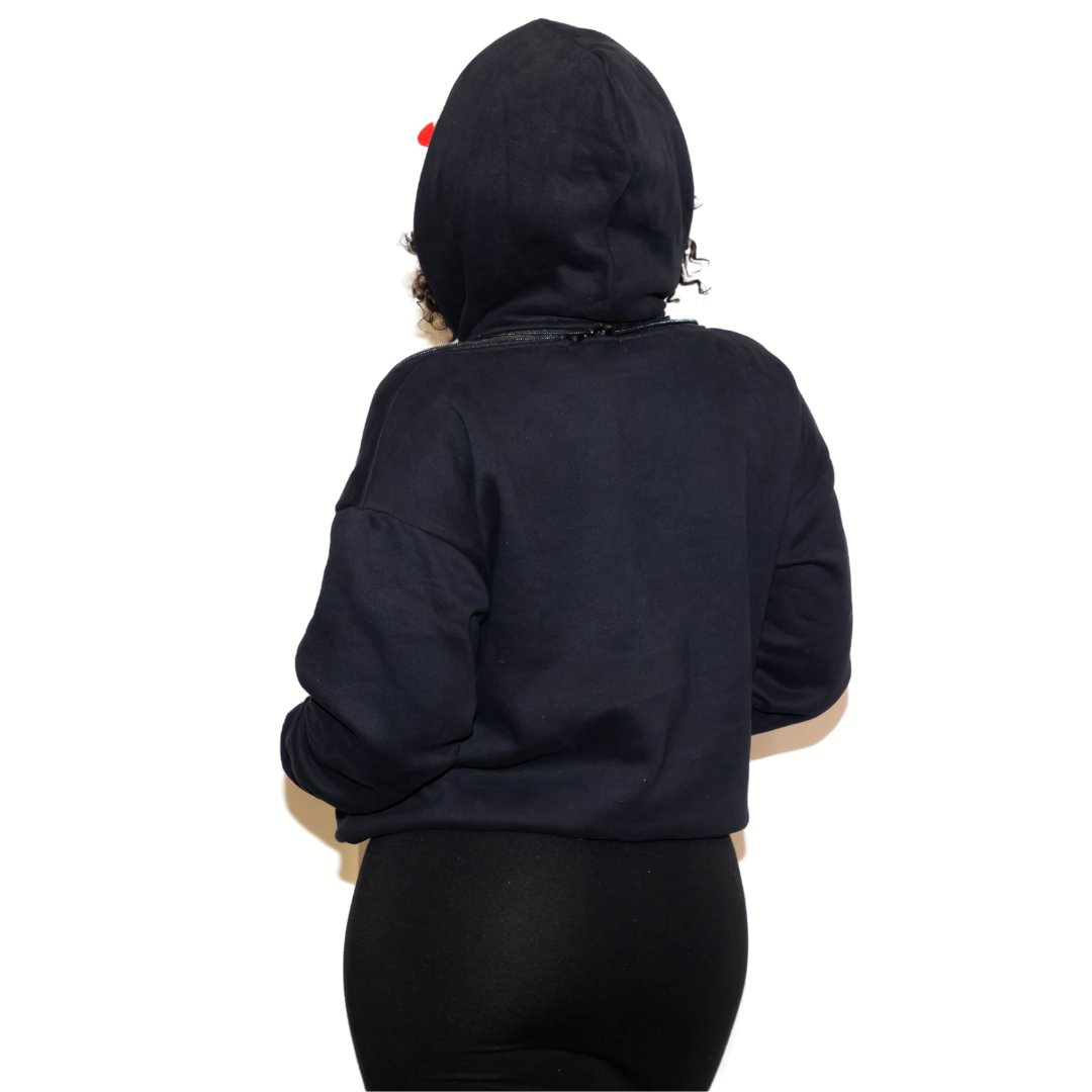 Black Casual Off Shoulder Hooded Sweater With Zipper - Marcy Boutique