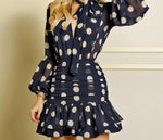 Blue Polka Dot Ruched Frill Dress - Marcy Boutique trendy,chic,elegant,classy,african