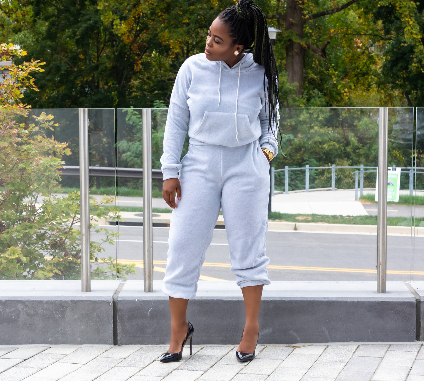 Gray Fleece Cuffed High Waisted Joggers Set