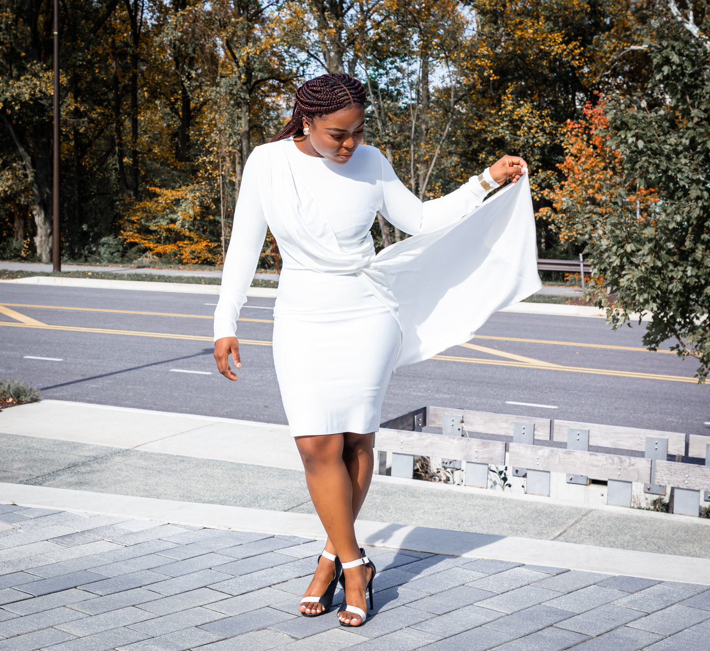 White Round Neck Long Sleeve Frill Midi Bandage Dress Marcy Boutique White Round Neck Long Sleeve Frill Midi Bandage Dress Marcy Boutique