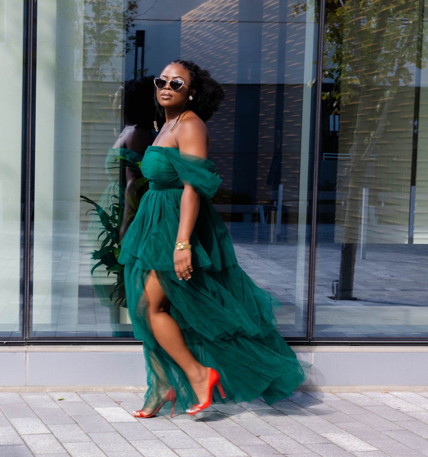 Hunter Green Tulle Layered Gown