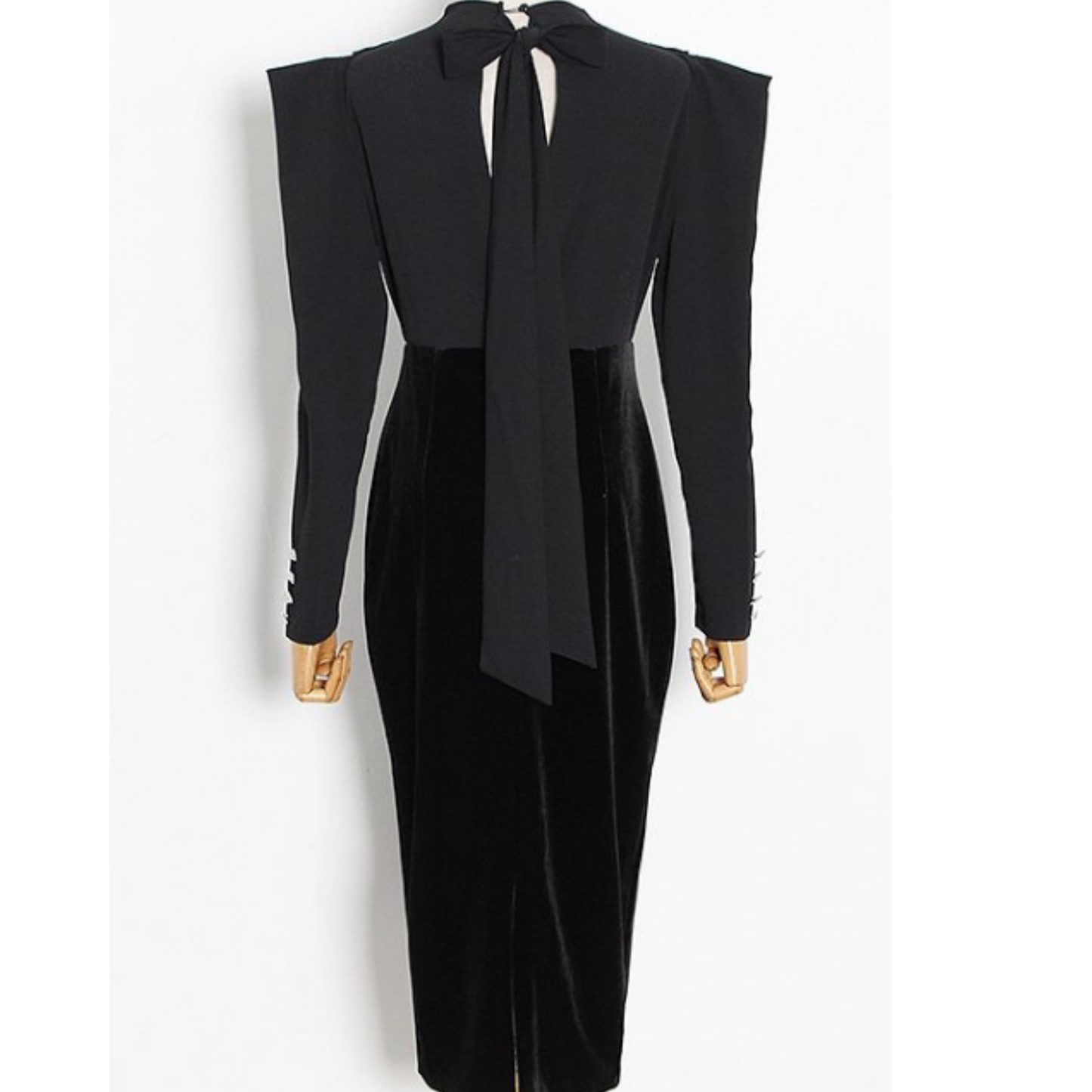 Black Velvet Gathered Shoulder Pad Midi  Dress - Marcy Boutique