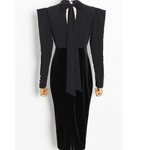Black Velvet Gathered Shoulder Pad Midi  Dress - Marcy Boutique