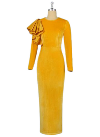 Yellow Velvet Draped Sleeve Bodycon Dress