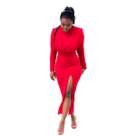 Red Detail Long Sleeve Midi Dress