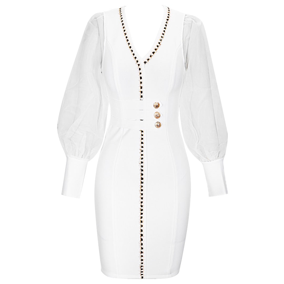 White Long Sheer Sleeve Bandage Bodycon Dress L White Long Sheer Sleeve Bandage Bodycon Dress L