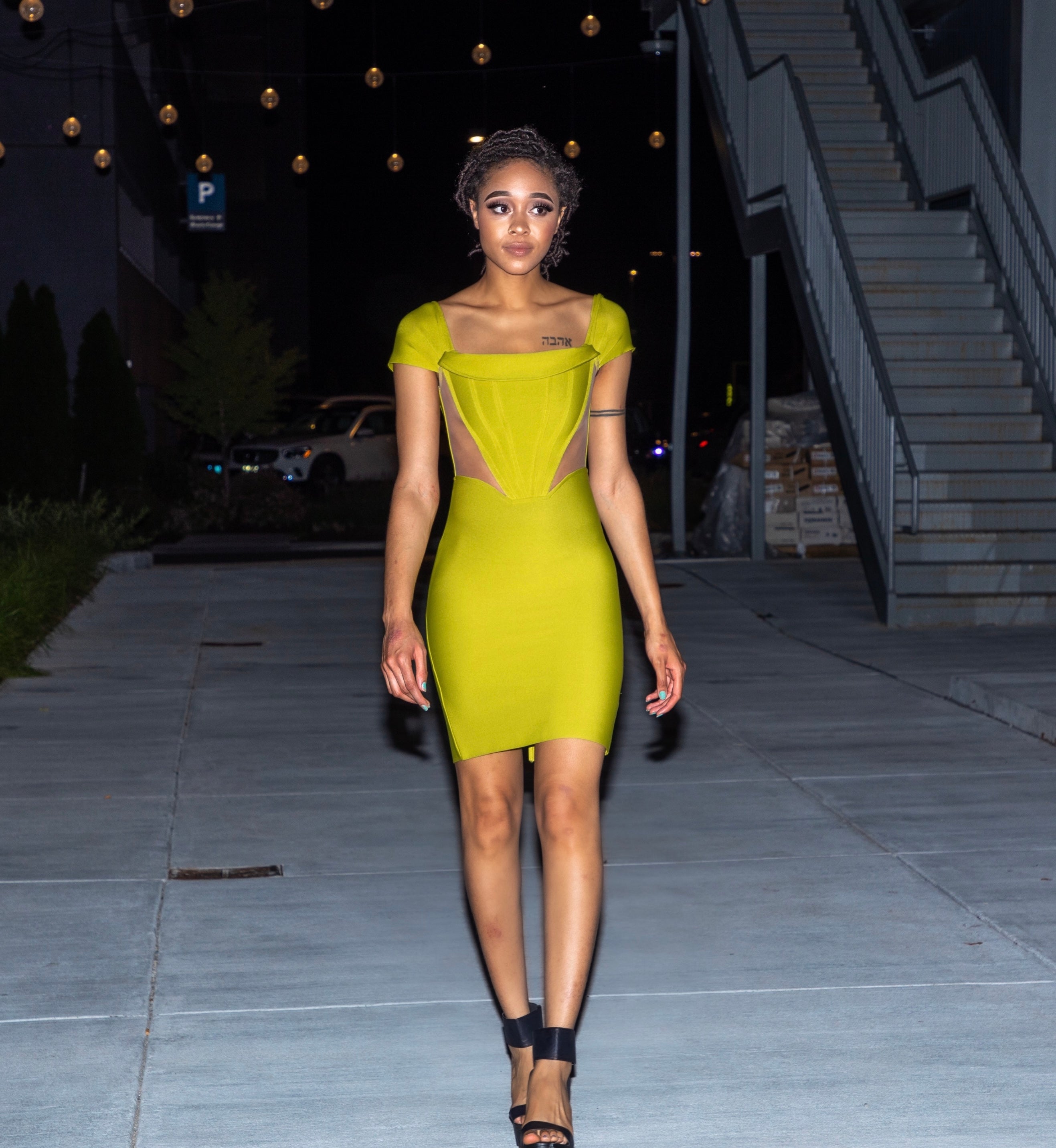 Yellow-Green Off Shoulder Bandage Dress L