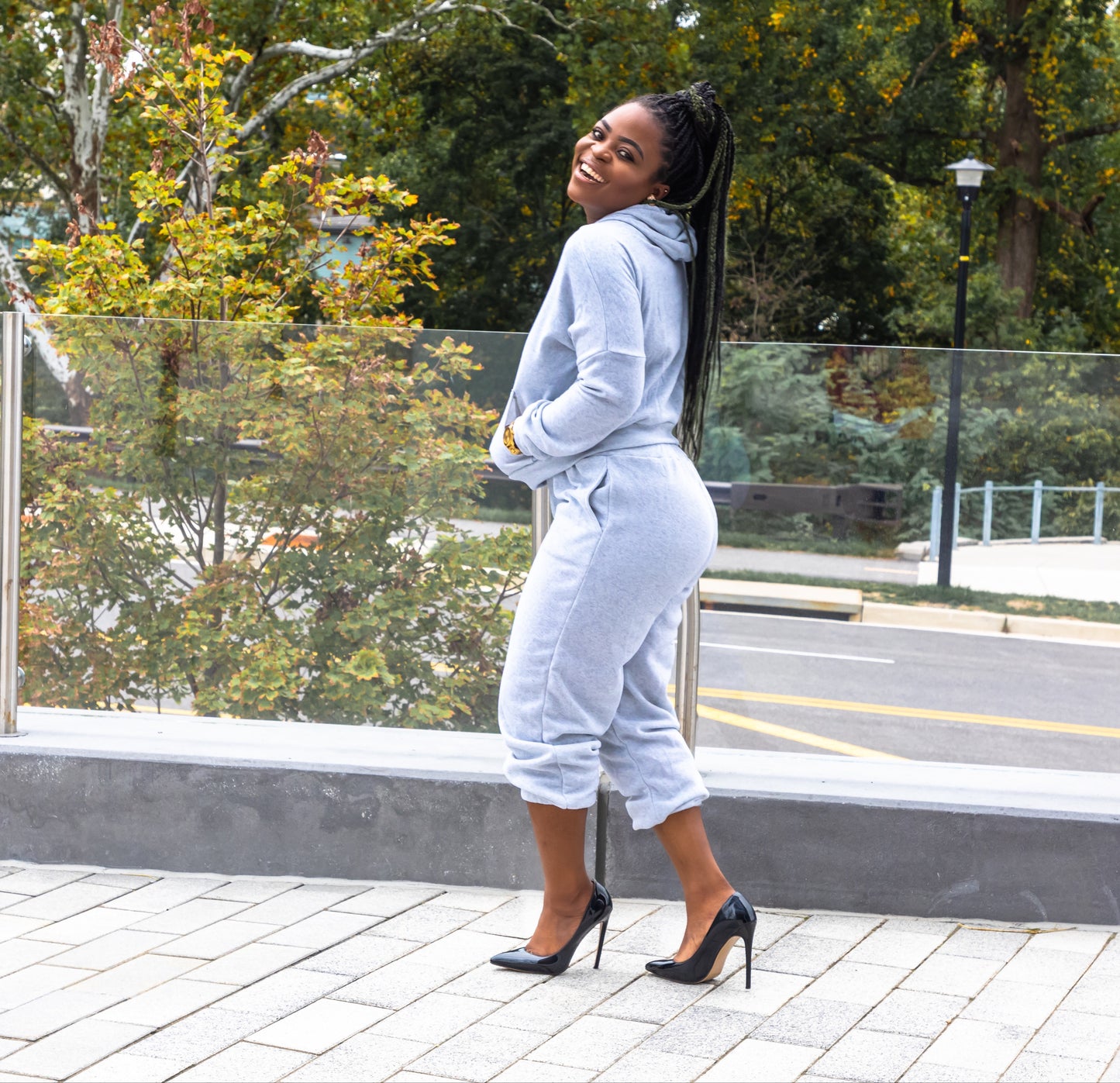 Gray Fleece Cuffed High Waisted Joggers Set