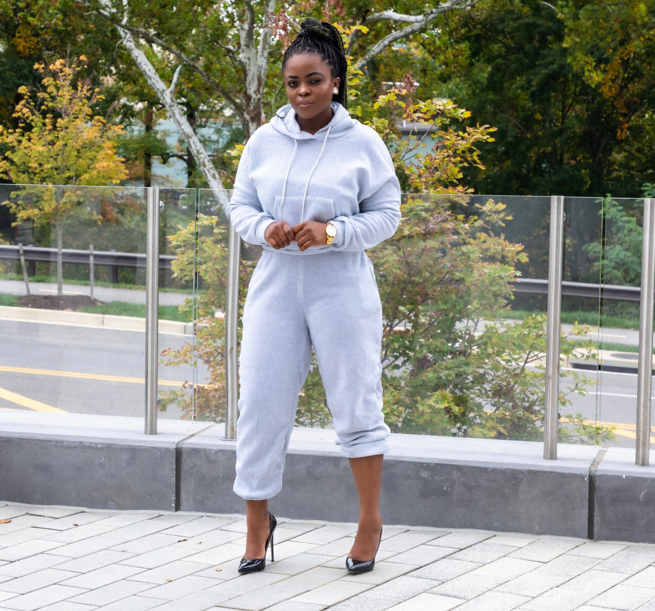 Gray Fleece Cuffed High Waisted Joggers Set