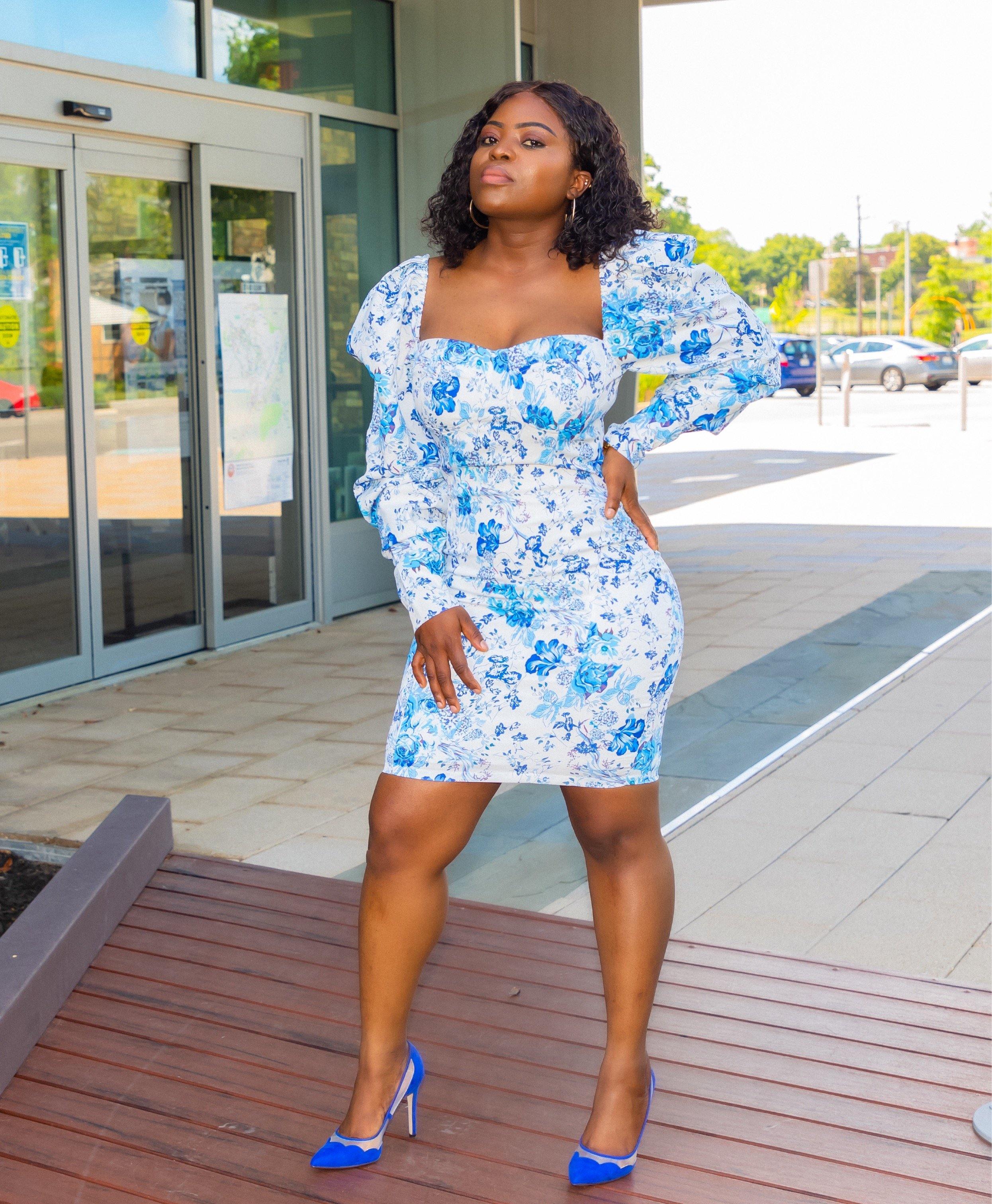 Blue Long Puff Sleeve Sexy Dress Marcy Boutique